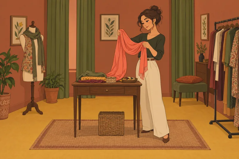 13 Seduction Archetypes: woman chooses coral scarf.