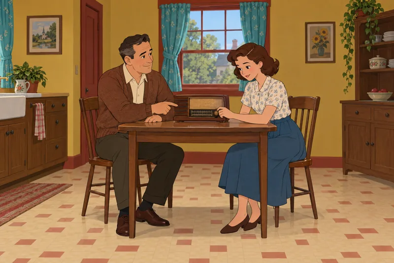 1950s Quiz shows two adults and a radio.
