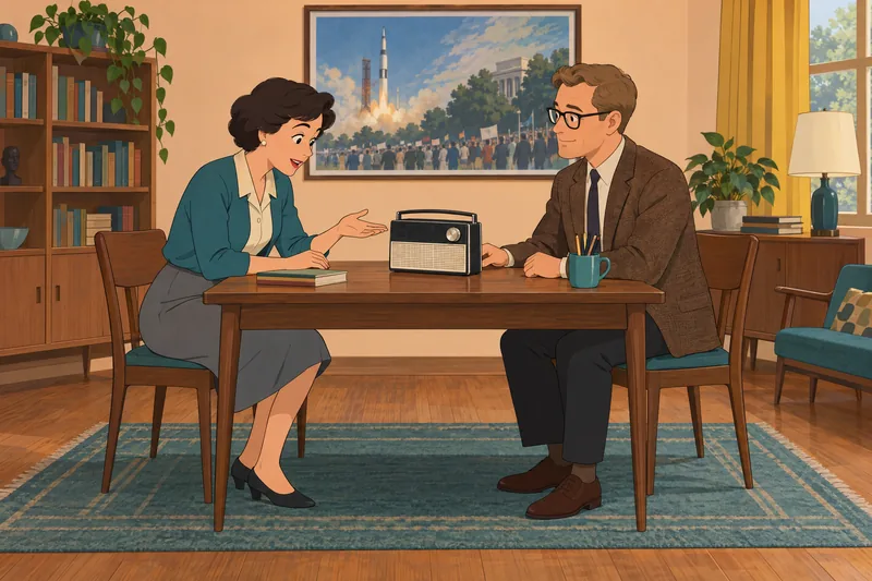 1960s Quiz checks knowledge beside a vintage radio.