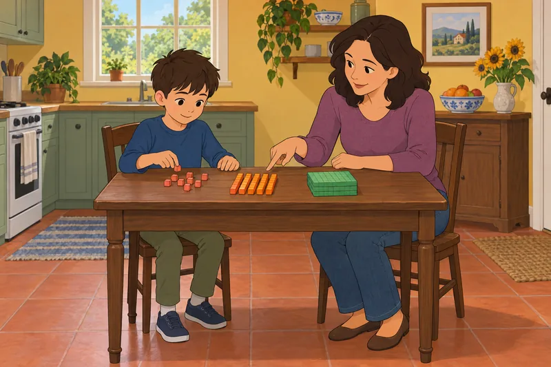 A child practices 3rd Grade Math with blocks.