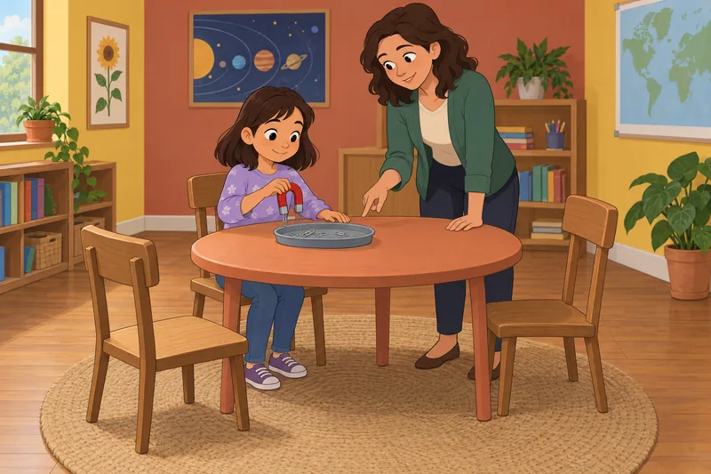 cuestionario de Ciencias: niña prueba un imán.