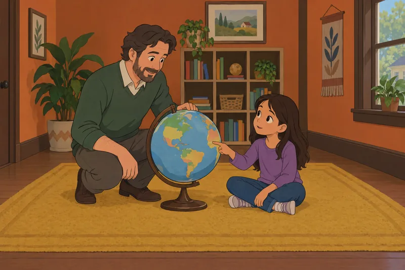 5 Themes of: a child studies a globe.