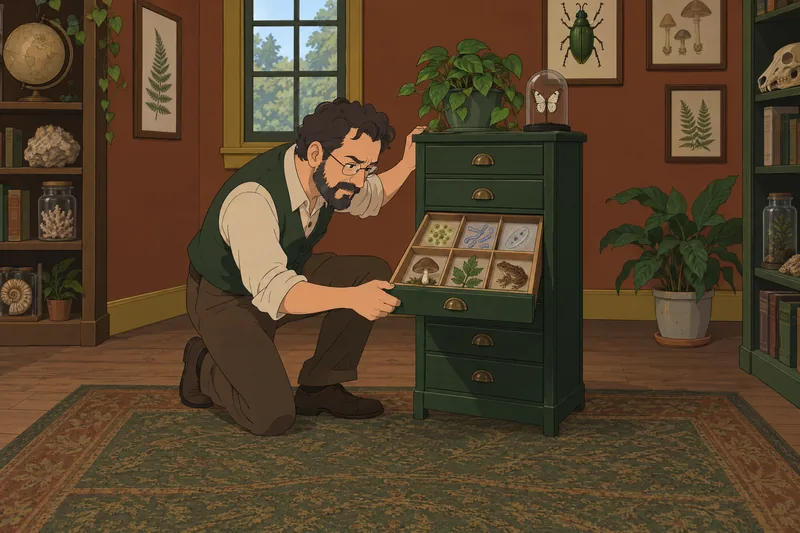 6 Kingdoms Quiz: curator examines six specimens.