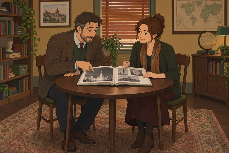 60s Quiz: two adults review a history book.