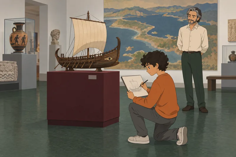 6th Grade History student examines an ancient ship.