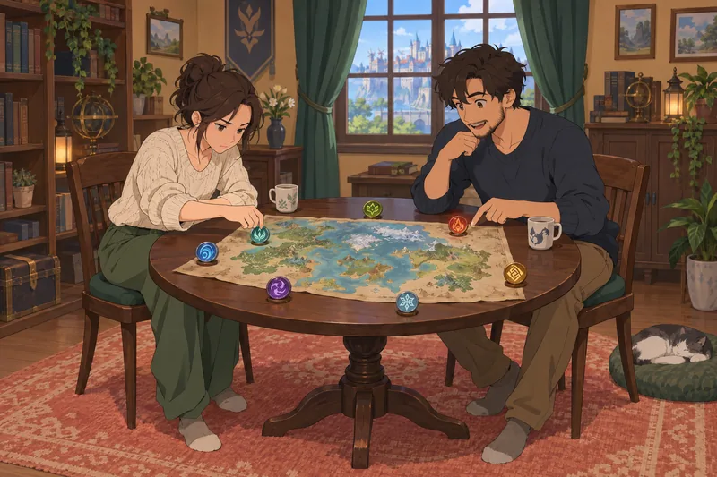 75 Question Genshin quiz scene with elemental tokens.