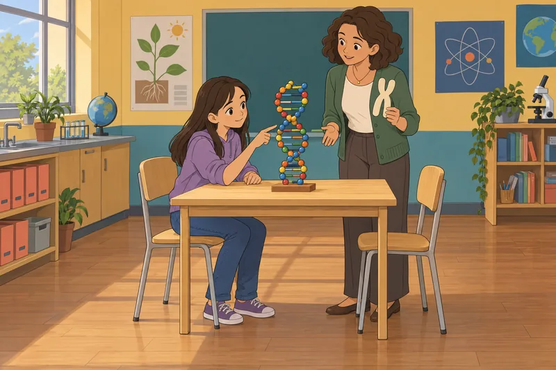 7th Grade Genetics review beside a DNA model.