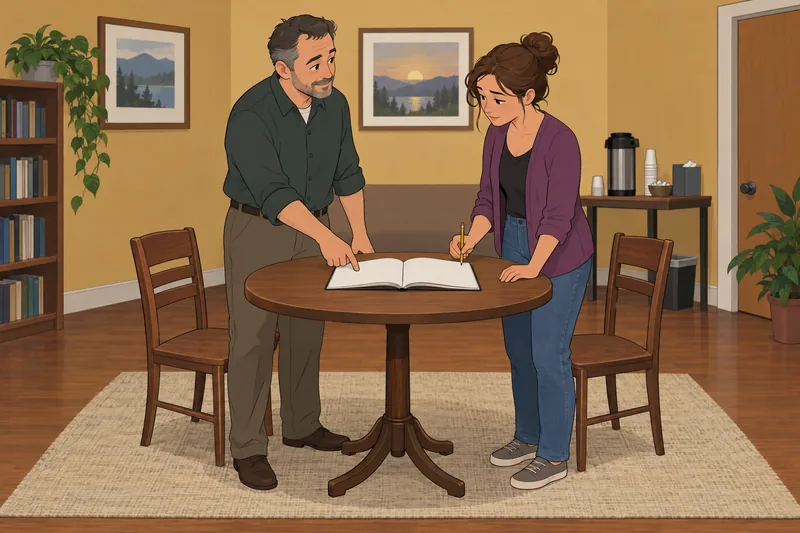 AA Quiz shows two members discussing a workbook.