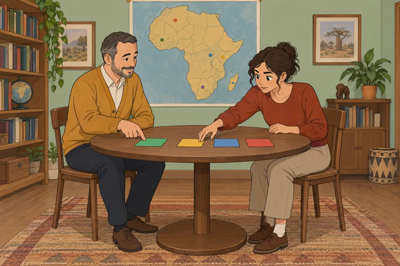 Africa Capitals Quiz shows adults choosing map cards.