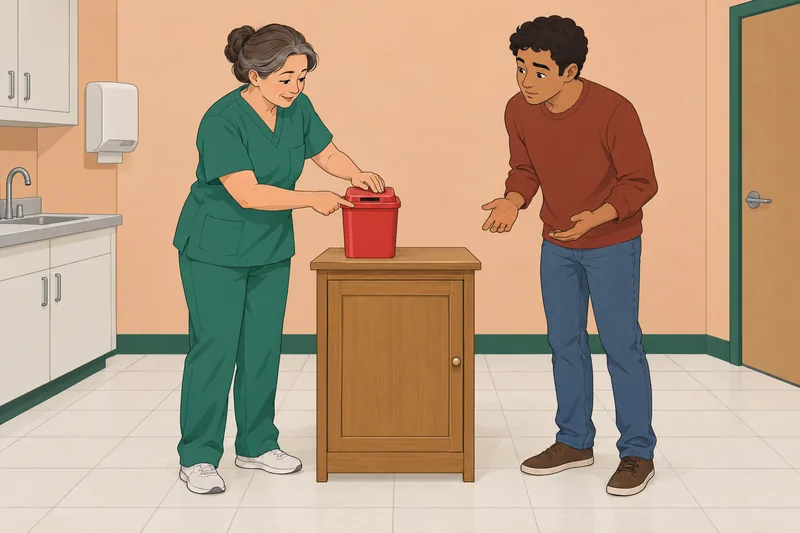 AIDS Quiz shows a nurse explaining safe disposal.
