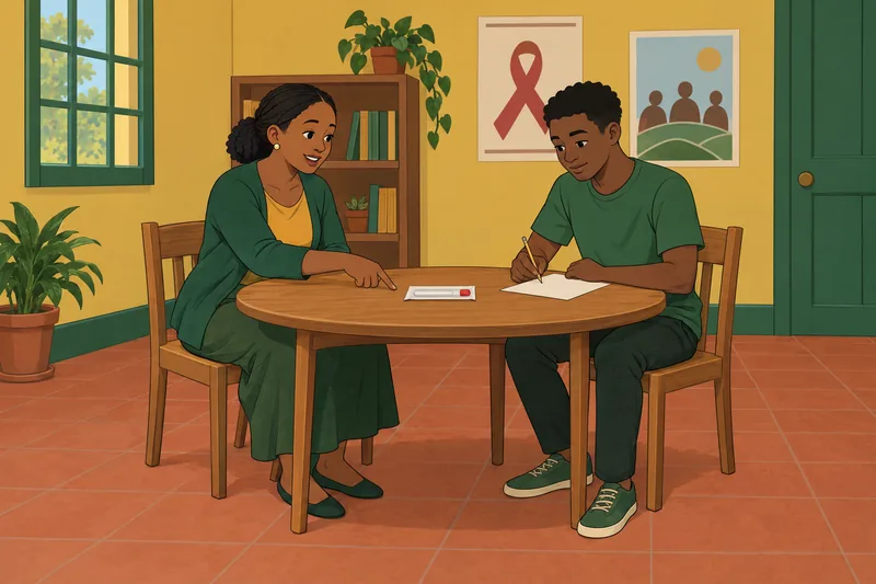 AIDS Quiz shows two adults reviewing prevention.