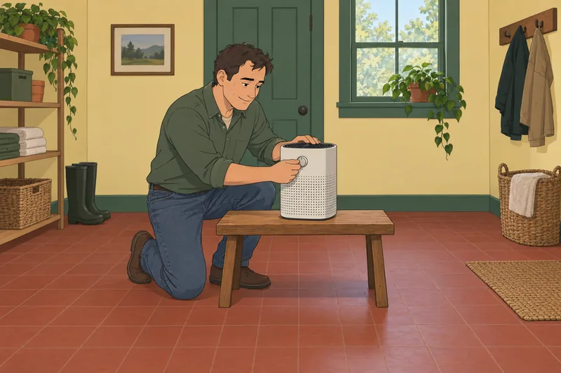 Air Pollution Quiz shows a purifier indoors.