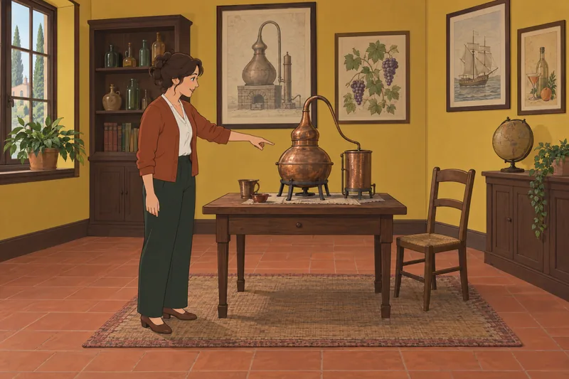 Alcohol Quiz shows a copper distillation still.