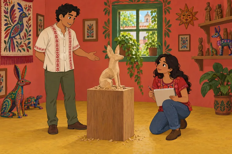 Alebrije Quiz shows a student studying wood.
