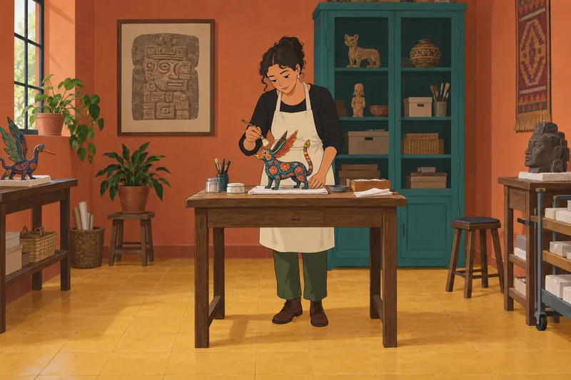 Alebrije Quiz shows a conservator examining cartonería.