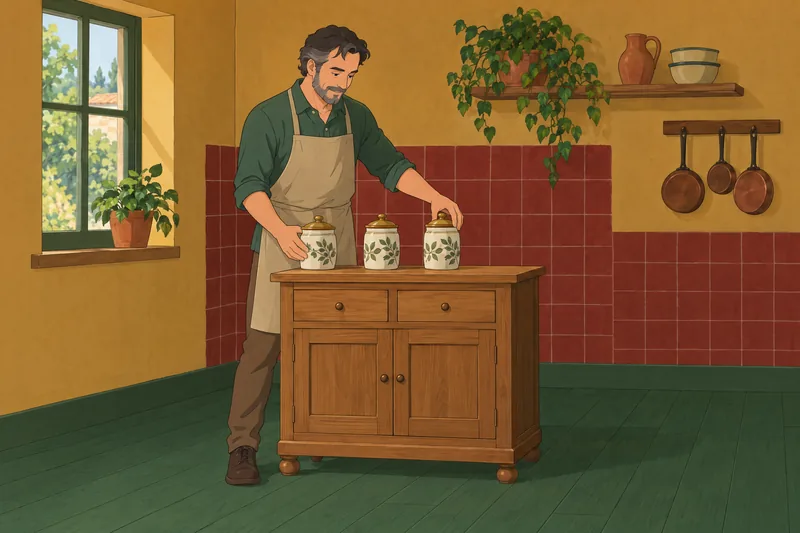Almost Perfect Scale-Revised depicts a man arranging jars.