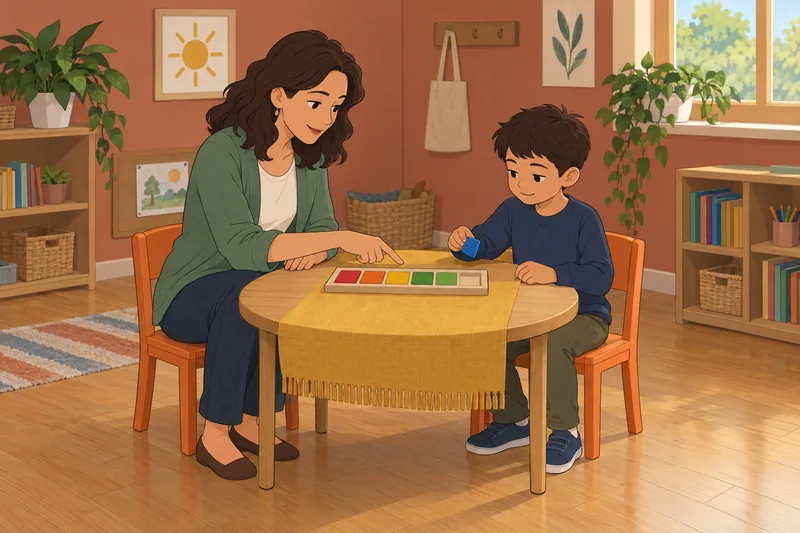 Alphabet Quiz: A child sorts colored tiles.
