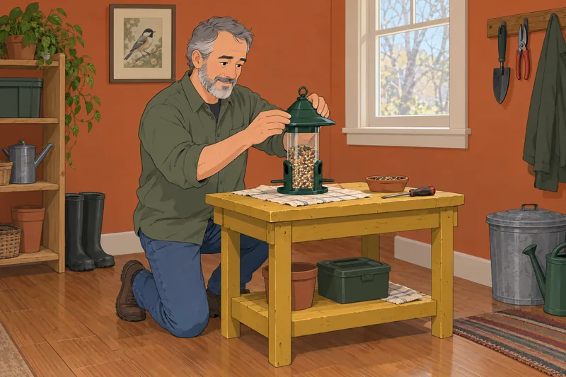 Alternative Method Test: man attaches a bird feeder.
