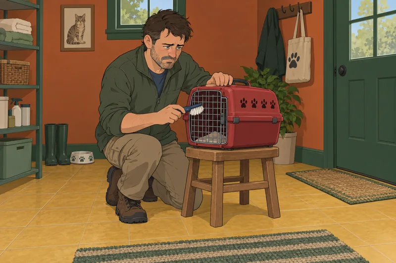Am I Allergic: man checks cat carrier.