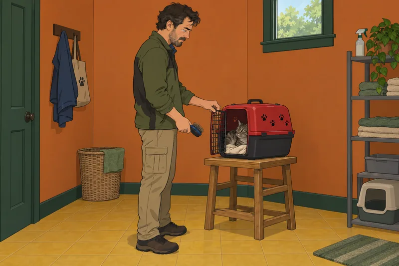 cuestionario ¿Soy alérgico: hombre revisa transportín.