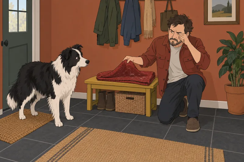 Am I Allergic: man lifts a dog blanket.