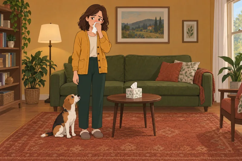 Am I Allergic: woman wipes nose near dog.