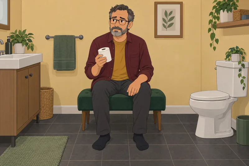 Am I Constipated: man checking a toilet-paper roll.
