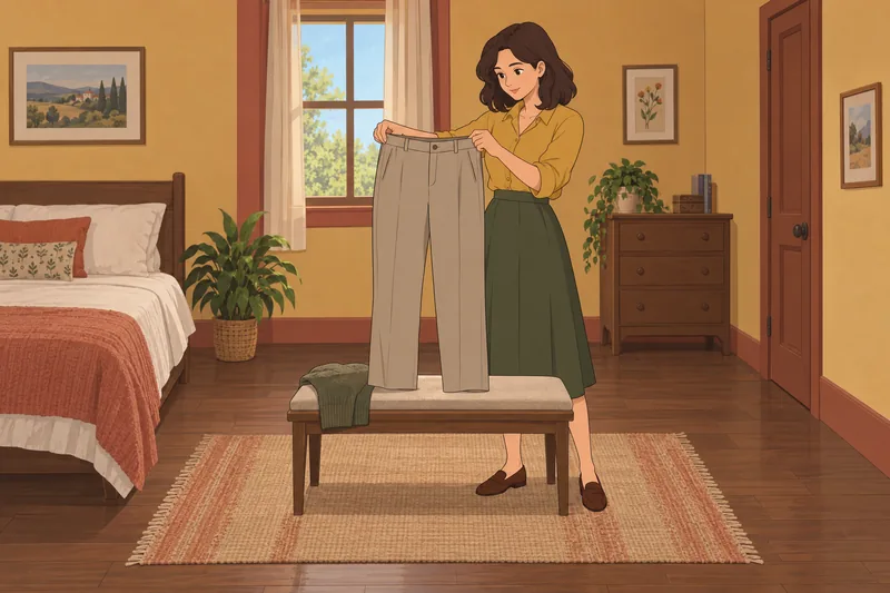 Am I Fat — checking trouser fit calmly.