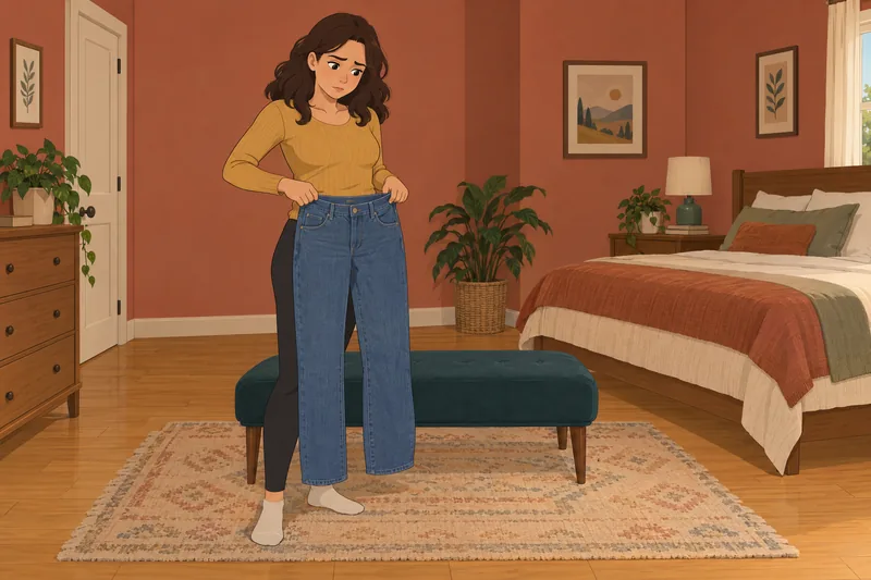 Am I Fat shows a woman checking jeans.