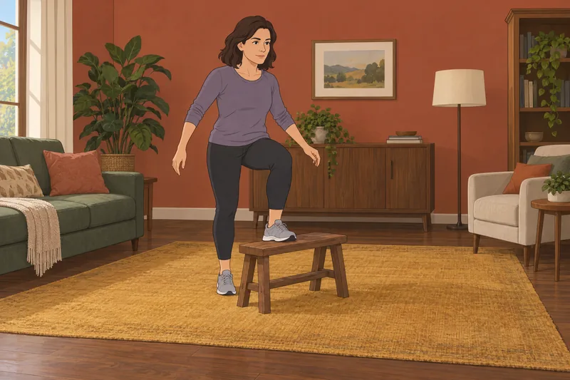 Am I Fit: woman practices a careful step-up.