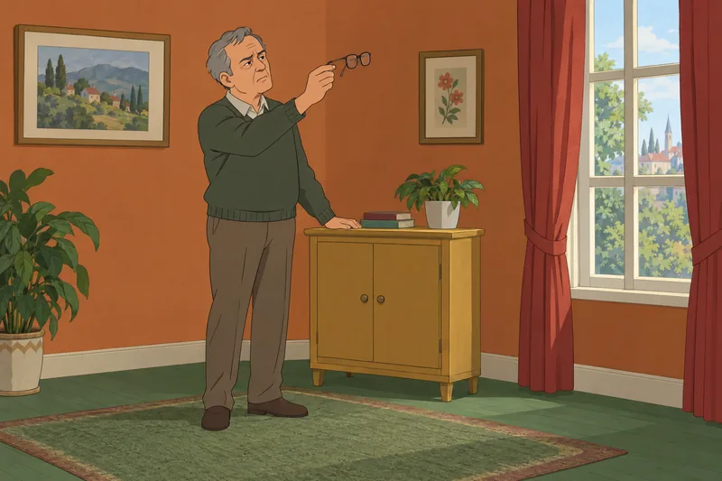 Am I Going: man adjusts his eyeglasses.
