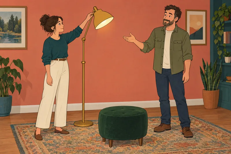 Am I Good: partners adjust a floor lamp.