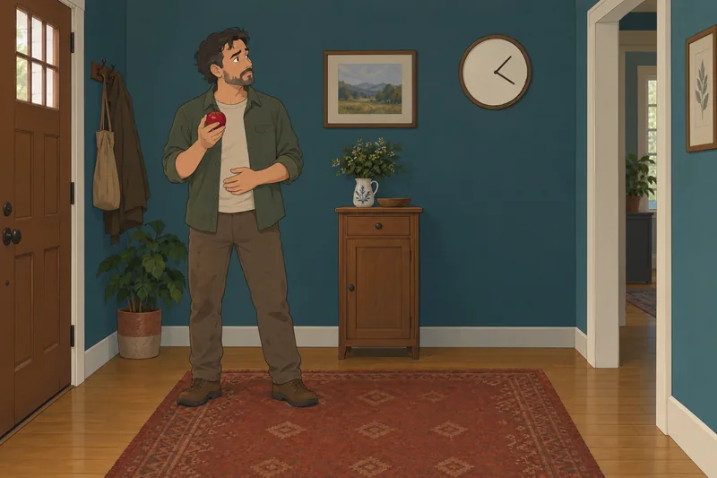 Am I Hungry — man pauses with an apple.