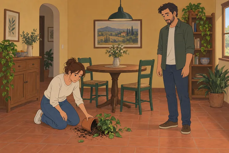 Am I Immature? She repairs the toppled plant.