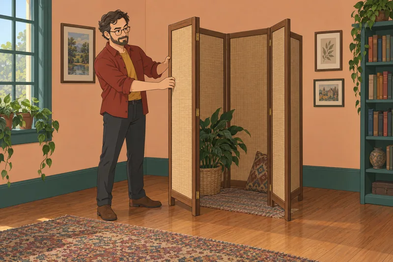 Am I Independent: man positions a folding screen.