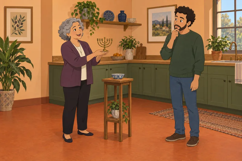 Am I Jewish: a visitor examines a menorah.