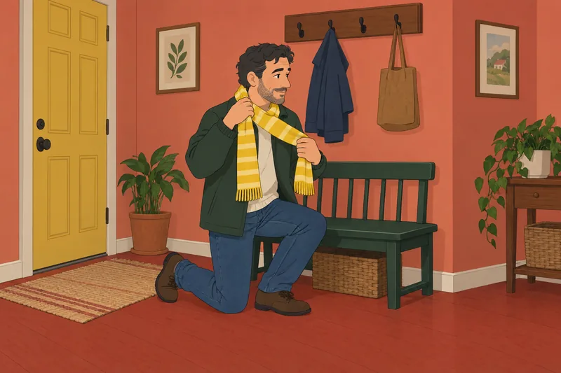 Am I Normal: a man hangs his scarf.