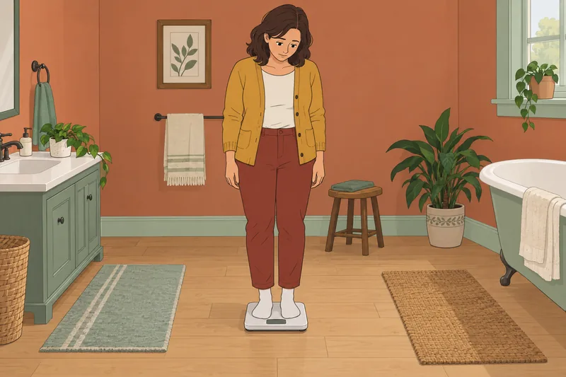 Am I Obese: a woman checks a scale.