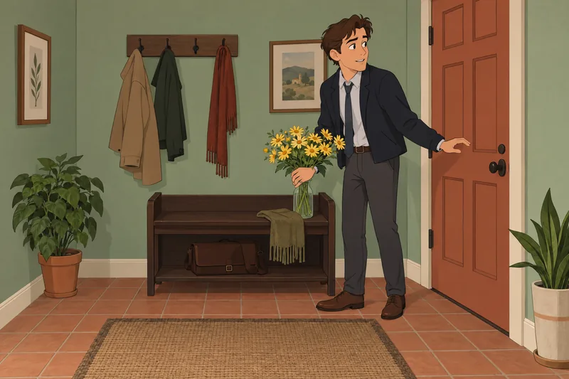 Am I Obsessed? He waits beside a bouquet.