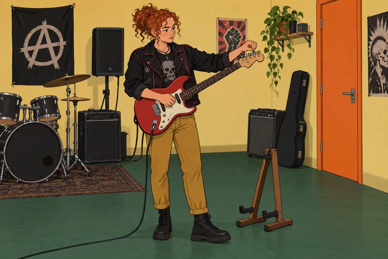 Am I Punk: guitarist tunes a red instrument.
