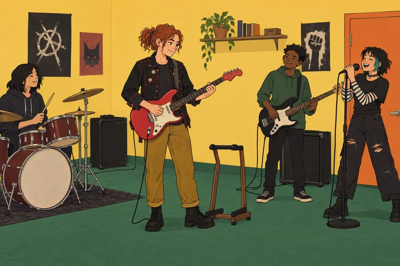cuestionario ¿Soy punk?: guitarrista ajusta instrumento rojo.
