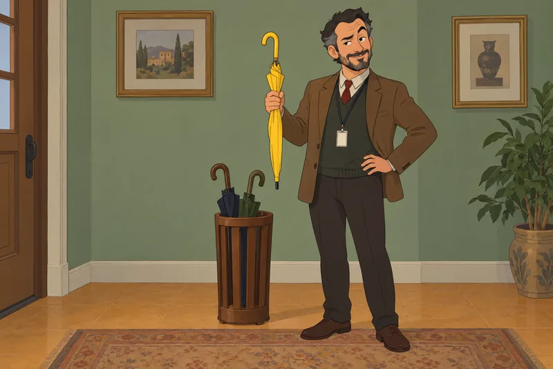 Am I Sassy: man presents a yellow umbrella.
