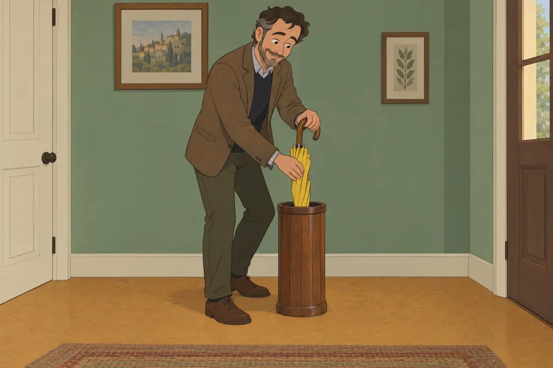 Quiz ¿Tengo una? Hombre muestra un paraguas amarillo.
