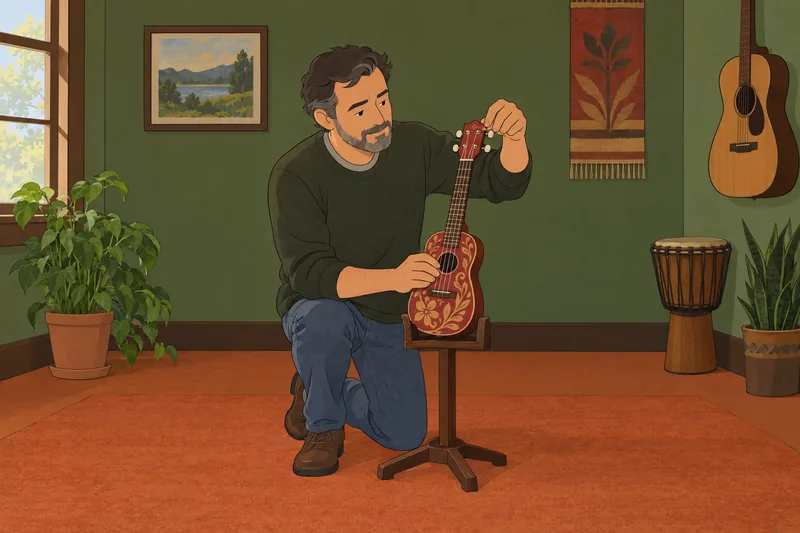 Am I Special: man tunes a painted ukulele.