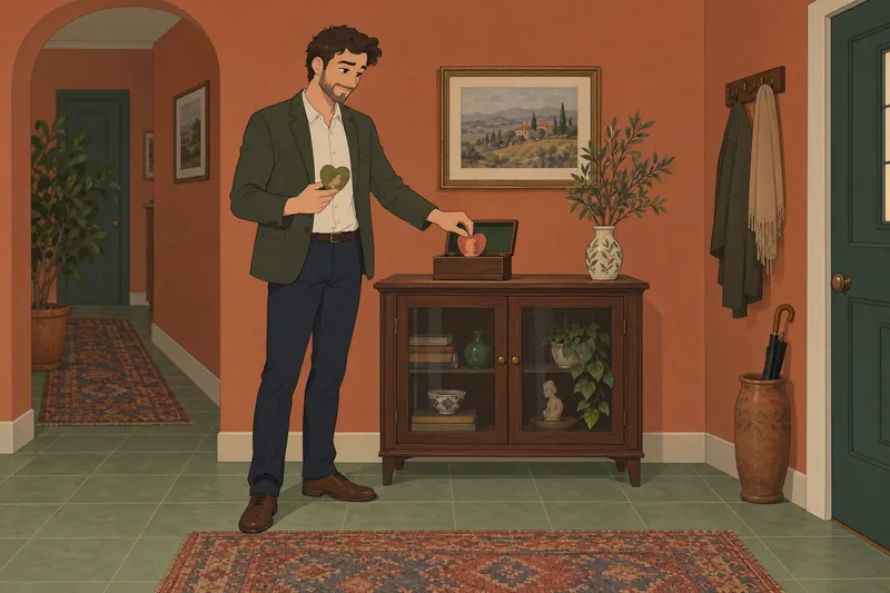 Am I Straight: a man sorts heart tokens.