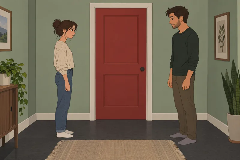 Am I Too: couple pauses at the door.