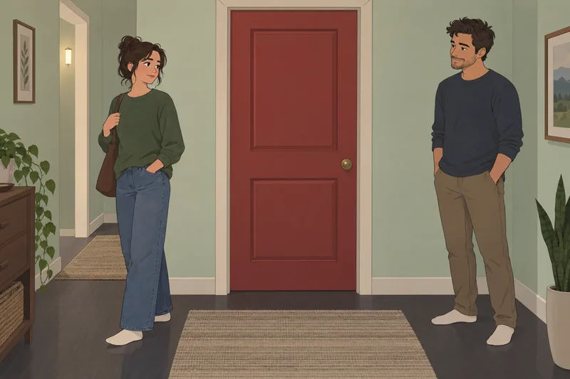 cuestionario ¿Estoy demasiado: pareja pausa ante la puerta.