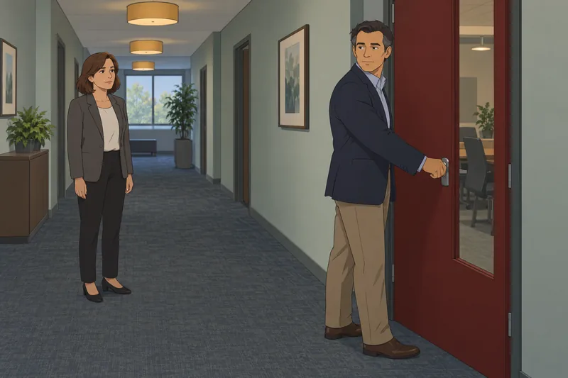 Am I Tough, closing a meeting room door.