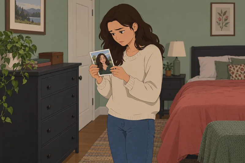 Am I Ugly: A woman studies a portrait.