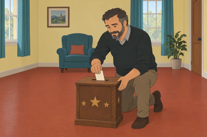 American Culture Quiz: volunteer studies a ballot box.